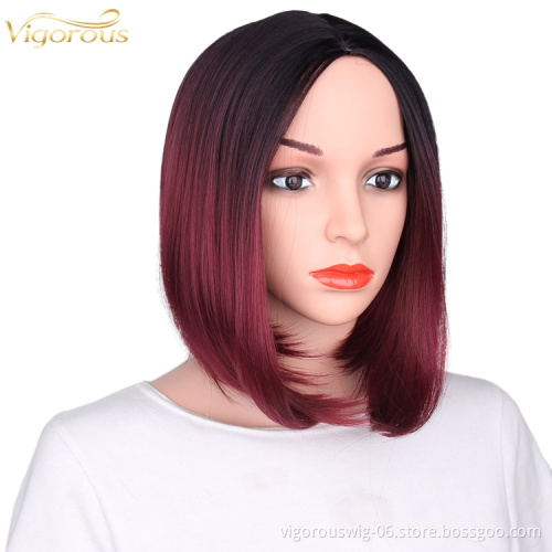 Premium vendor high quality wholesale Ombre red short straight wavy hair synthetic heat resistant wig lace front black women